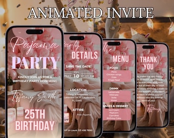 Girl's Night Adult Birthday Slumber Party, Pajama Party Itinerary, Ladies Night in, Neon Pink, Sleepover Bachelorette Animated Evite