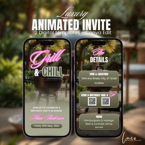Editable Digital BBQ Invitation, Animated BBQ Party Invite, BBQ Chill and Grill, Modern Birthday Invitation, Digital Birthday Invite Any Age