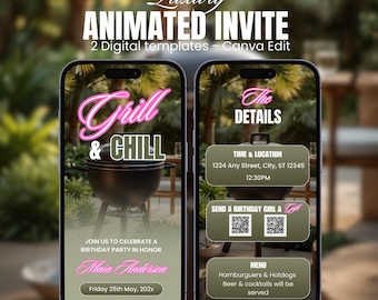 Editable Digital BBQ Invitation, Animated BBQ Party Invite, BBQ Chill and Grill, Modern Birthday Invitation, Digital Birthday Invite Any Age