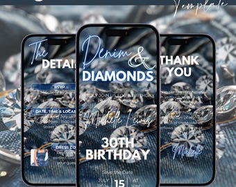Plantilla de invitación de vídeo de fiesta de cumpleaños de mezclilla digital Diamantes de mezclilla Evite Denim Invite Editable Blue Jeans Cena Evite, jeans azules
