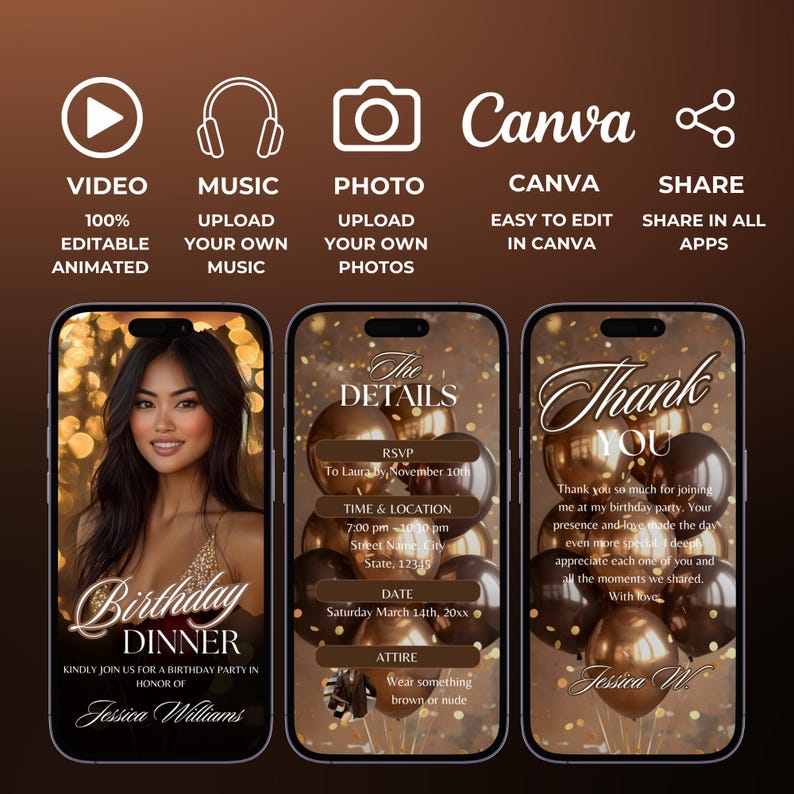 May include: A digital invitation for a birthday dinner party. The invitation features a gold and brown color scheme with a photo of a woman in the top left corner. The text "Birthday Dinner" is in a decorative font. The invitation includes the date, time, location, and RSVP information. The text "Thank You" is in the bottom right corner.