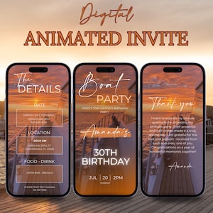 May include: A digital invitation for a 30th birthday party on a boat. The invitation includes details about the date, time, location, and RSVP information. The invitation also includes a thank you message from the birthday person.