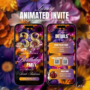 May include: A digital invitation for a 38th birthday party. The invitation features a purple and gold color scheme with a floral background. The text on the invitation reads "Kindly join us for a Birthday Party in honor of Sarah Anderson, Friday 25th May, 202x". The invitation also includes details about the party, such as the venue, time, and dress code.