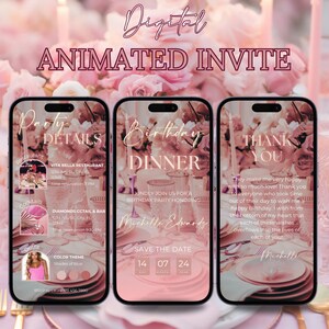 Animated glam Birthday dinner video invitation, digital birthday invitation, text invitation dinner party, birthday itinerary evite template