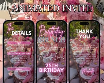 Digitale verjaardagsuitnodiging brunch feest, digitaal roze bloemen telefoonbericht Evite For Her, geanimeerde uitnodiging voor elke leeftijd, zelf bewerkbare e-card