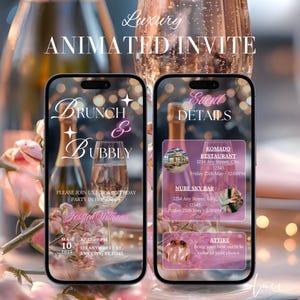 Könnte beinhalten: Eine animierte Einladung auf einem Telefonbildschirm für einen Brunch mit Sekt zum Geburtstag. Die Einladung enthält die Details der Veranstaltung, den Ort, das Datum und die Uhrzeit. Der Text auf dem Bildschirm lautet "Brunch & Bubbly", "Bitte feiern Sie mit uns den Geburtstag von Jessica Williams", "10. Mai 2025 um 12:00 Uhr", "123 Anywhere St., Any City, ST 12345", "Veranstaltungsdetails", "Restaurant Komodo", "1234 Any Street, City, 12345", "Freitag, 25. Mai - 12:00 Uhr", "Nube Sky Bar", "1234 Any Street, City, 12345", "Freitag, 25. Mai - 14:30 Uhr", "Kleidung", "Tragen Sie Ihr bestes Outfit in Ihrer Lieblingsfarbe".