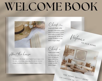 May include: A welcome book template with a beige and brown color scheme. The cover features the text "Welcome Book" in a large, bold font. The inside pages include sections for "Check In", "Check Out", and "About the House".