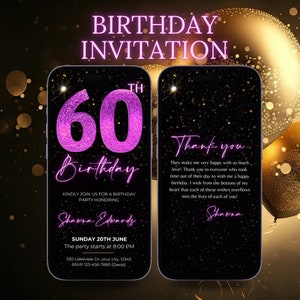 Digital 60th Birthday Party Video Invitation, 60th Glam Invite For Her Animated Black Purple Diamond Evite for Women Editable Template eCard