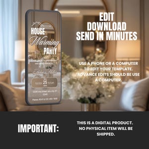 May include: A digital template for a housewarming party invitation. The template features a gold and white color scheme with a photo of a house interior in the background. The text on the template reads "House Warming Party" and includes the date, time, and location of the party. The text also includes the name of the host, Helen Miller, and a request to RSVP.