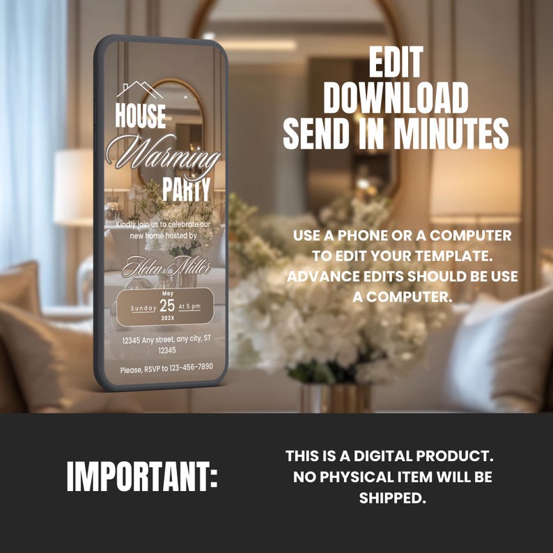 May include: A digital template for a housewarming party invitation. The template features a gold and white color scheme with a photo of a house interior in the background. The text on the template reads "House Warming Party" and includes the date, time, and location of the party. The text also includes the name of the host, Helen Miller, and a request to RSVP.