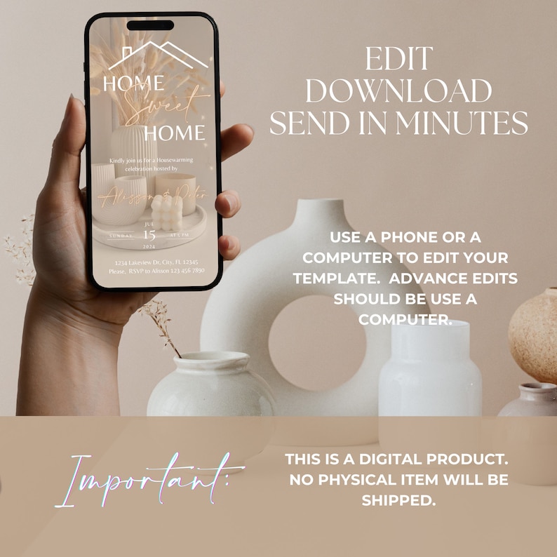 May include: A digital invitation template for a housewarming party. The template features a minimalist design with a white house icon, dried pampas grass, and candles. The text "Home Sweet Home" is displayed in a gold script font. The invitation includes the date, time, and location of the party.