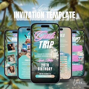 Pink Tropical Glam Girl Trip Itinerary,Vacation planner,Birthday Getaway Invite,Bachelorette Trip Invite,Palm Trees Vacation Itinerary flyer