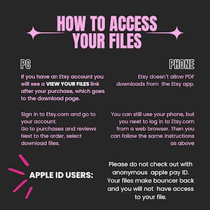 May include: A graphic with instructions on how to access files after purchase on Etsy. The text is in white and pink on a dark gray background. Instructions are provided for PC and Phone users, and Apple ID users.