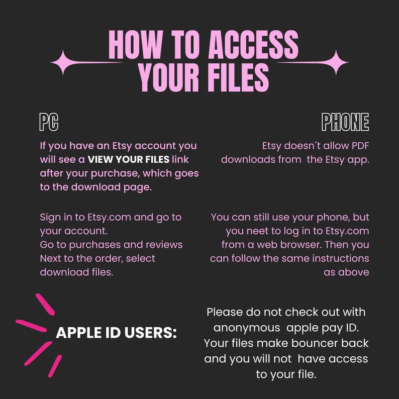 May include: A graphic with instructions on how to access files after purchase on Etsy. The text is in white and pink on a dark gray background. Instructions are provided for PC and Phone users, and Apple ID users.