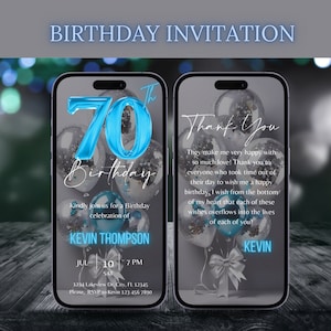 Invitación digital en video para fiesta de 70 cumpleaños, invitación para él, video animado, Evite con diamantes plateados, tarjeta electrónica con itinerario autoeditable