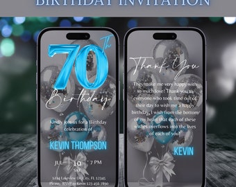 Può includere: Un invito di compleanno blu e argento con un design a schermo del telefono. L'invito dice "70° compleanno" e "Kevin Thompson". L'invito include la data, l'ora e il luogo dell'evento. L'invito include anche un messaggio di ringraziamento da parte di Kevin.