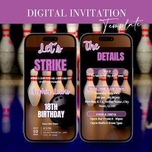 Adult Bowling Party Birthday Editable Invitation Digital Invite Neon Invitation Sports Strike Up Some Fun Instant Download Canva Template