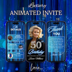 Digital 50th Birthday Dinner Invitation, Elegant Birthday Party Invite, Blue Silver Formal Affair Party, Animated Self Editable Template DIY