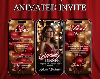 Puede incluir: Una invitación digital para una cena de cumpleaños. La invitación presenta un esquema de color rojo y dorado con globos y una foto de una mujer con un vestido rojo. El texto de la invitación dice "Cena de cumpleaños" y "Acompáñenos a una fiesta de cumpleaños en honor de Jessica Williams".