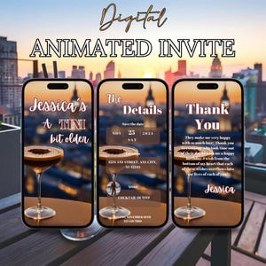 Digital Birthday Cocktail Party Invitation,A tini bit older invite,animated martini party birthday dinner celebration text invite phone diy