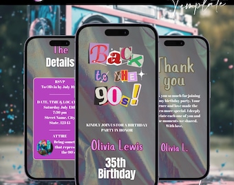Digital 90s Party Invitation, Back to the 90s, Throwback Party, House Party, Birthday Invitation, 90s Theme Party Invite, Self Edit Template