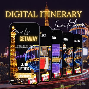 Invitación digital de fin de semana de cumpleaños, itinerario de viaje animado, viaje de horario de vacaciones de Neon Las Vegas, plantilla de planificador editable, Vegas Invi