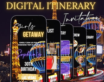 Digital Birthday Weekend Invitation, Animated Travel Itinerary, Neon Las Vegas Vacation Schedule Trip, Editable Planner Template, Vegas Invi