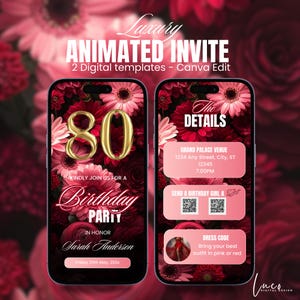 Digital Floral 80th Birthday Invitation Red Roses Diamonds Editable Digital 80th Glam Dinner Brunch Itinerary Template Video Birthday Invite