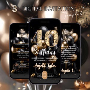 Cyfrowe wideo zaproszenie na 40. urodziny, 40. Glam Invite Ecard, animowane czarne złoto srebro diament Evite, edytowalna e-kartka z planem podróży