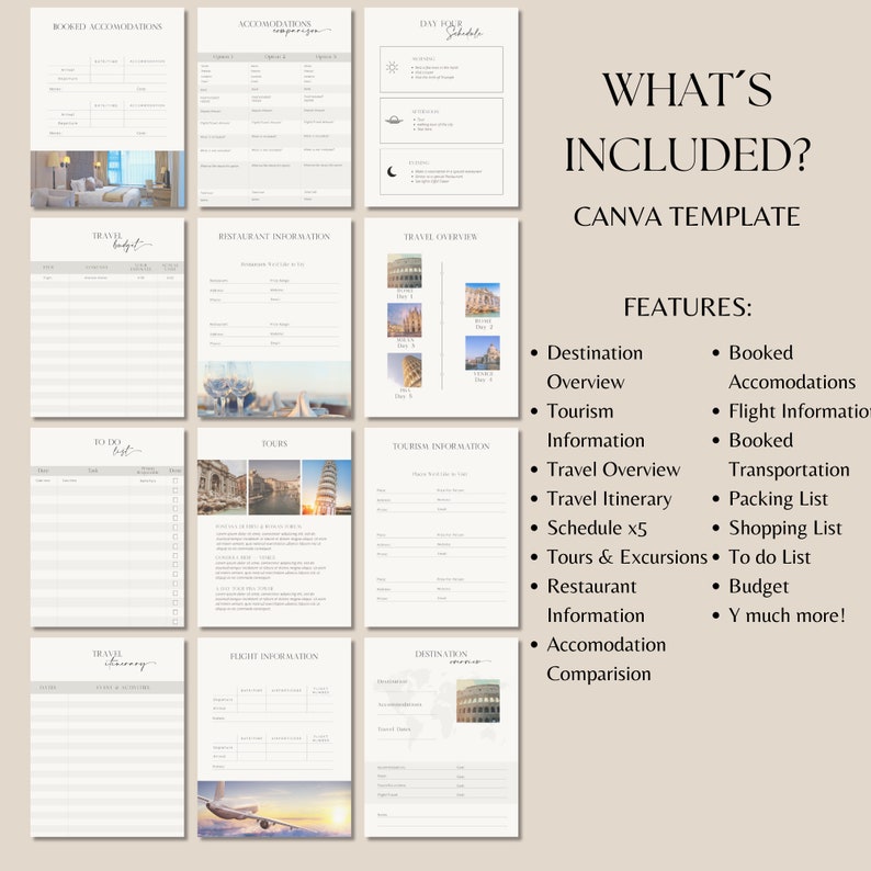 Pu&ograve; includere: Un modello Canva beige con pagine di pianificazione del viaggio. Le pagine includono sezioni per alloggi prenotati, panoramica del viaggio, liste di cose da fare e altro ancora. Il testo a destra elenca funzionalit&agrave; come panoramica della destinazione e itinerario di viaggio.
