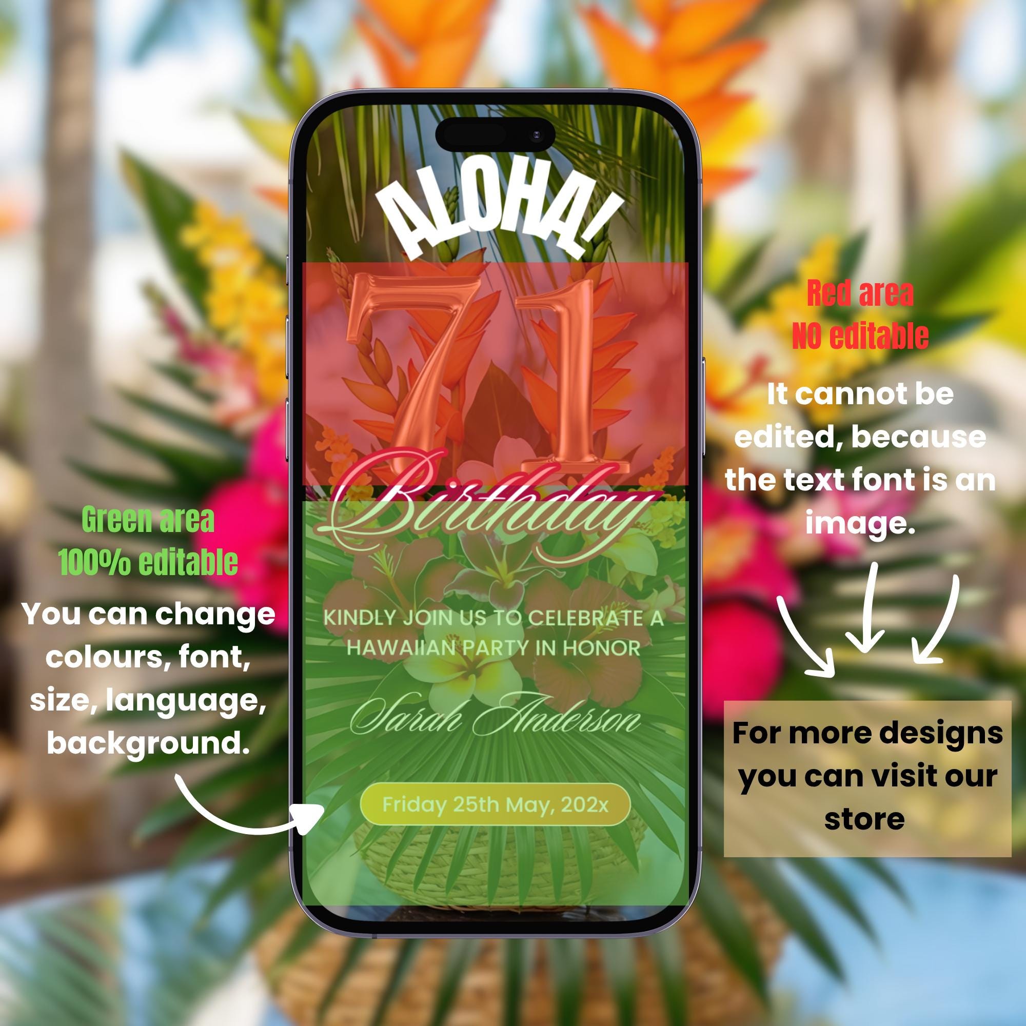 Invite Theme Digital 71st Tropical Party Invitation Itinerary Template, Editable ...