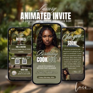 May include: Digital invitation template for a birthday cookout. The design features a woman's portrait and event details. The text includes "Luxury Animated Invite" and "Birthday Cook Out". The invitation is designed for digital use.