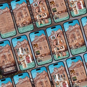May include: A collage of phone screens with a blue and turquoise background. The screens show a travel itinerary, restaurant recommendations, outfit inspiration, and a girls' trip to Italy. The text on the screens includes "The Itinerary", "Restaurants", "Inspiration Outfit", "Girls Trip", and "30th Birthday".
