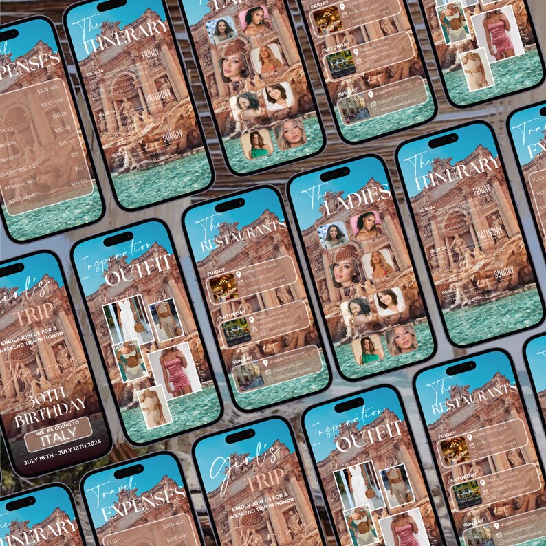 May include: A collage of phone screens with a blue and turquoise background. The screens show a travel itinerary, restaurant recommendations, outfit inspiration, and a girls' trip to Italy. The text on the screens includes "The Itinerary", "Restaurants", "Inspiration Outfit", "Girls Trip", and "30th Birthday".