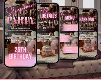 Digital Pajama Party Birthday Invitation, Animated PJs Fun Girls Night Invite, Pink   Bachelorette Party Evite, Editable Itinerary eCard