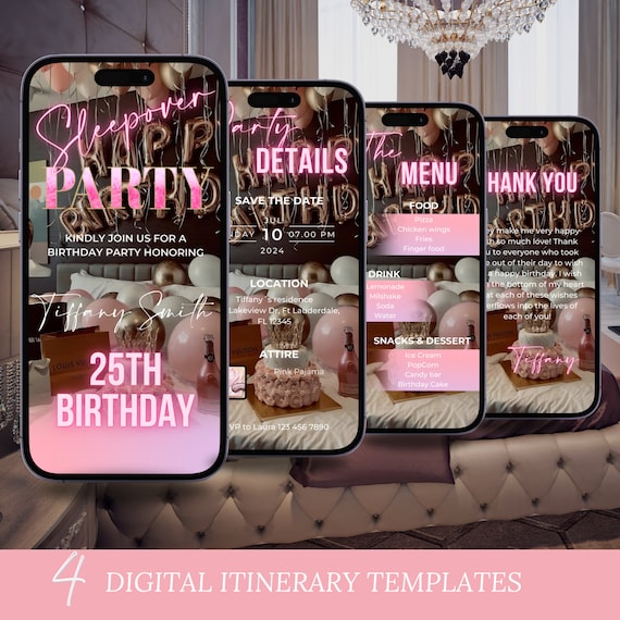 Digital Pajama Party Birthday Invitation, Animated PJs Fun Girls Night Invite, Pink   Bachelorette Party Evite, Editable Itinerary eCard