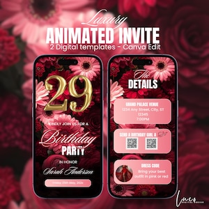 Digital Floral 29th Birthday Invitation Red Roses Diamonds Editable Digital 29th Glam Dinner Brunch Itinerary Template Video Birthday Invite