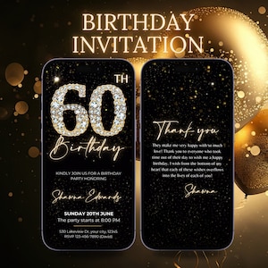 Digital 60th Birthday Party Video Invitation For woman, 60th Glam Invite For Her Animated Black Gold Silver Diamond Evite Editable Itinerary