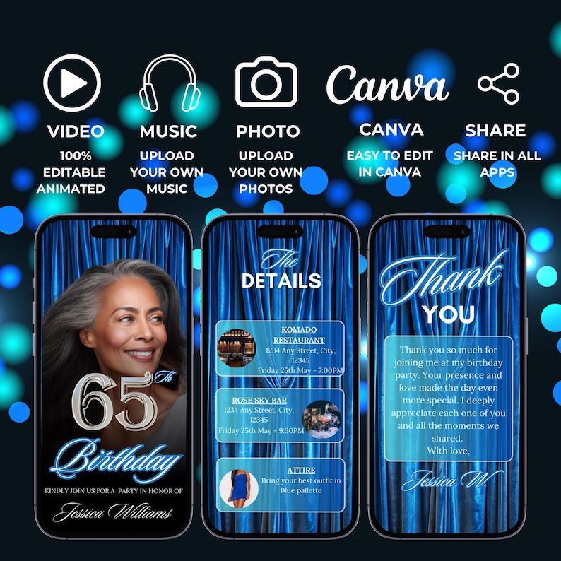 Digital 65th Birthday Dinner Invitation, Elegant Birthday Party Invite ...