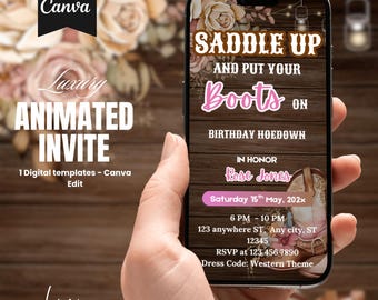 Western Hoedown Invitation, Saddle Up Cowgirl Birthday Printable Evite, Rustic Boots Digital Download, Editable Canva Template