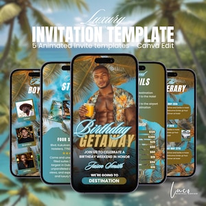 May include: A digital invitation template on smartphones, featuring a man holding a drink, with text "Birthday Getaway." The design includes palm trees and the text "Luxury Invitation Template." The template offers 5 animated invite options.