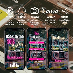 May include: Three phone screens with a 90s party theme. The first screen says "Back to the 90s Party" with a pink and blue boombox graphic. The second screen says "The Details" with a pink and blue boombox graphic and text that says "RSVP to Olivia by July 10th". The third screen says "Thank you" with a pink and blue boombox graphic and text that says "Thank you so much for joining me at my birthday party. Your presence and love made the day even more special. I deeply appreciate each one of you and all the moments we shared. With love, Naomi."