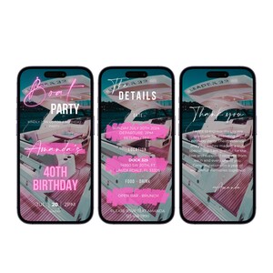 May include: A pink and white boat party invitation with a pink neon sign that says "Boat Party". The invitation includes the text "Amanda's 40th Birthday" and the date "Jul 20 | 2PM".