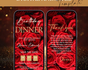 May include: Digital animated template for a birthday dinner invitation. The template features a red rose background with gold text that says "Birthday Dinner" and "Thank you". The text also includes the name "Shawna Edwards" and the date "14 07 24".