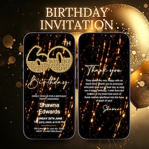 Invitation vidéo numérique fête 60e anniversaire, 60e invitation glamour pour elle, Evite animée or noir et diamants argent, itinéraire modifiable eCard
