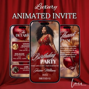Invito per cena di compleanno Red Gold per donna, invito digitale per festa di compleanno, modello modificabile, festa di compleanno con palloncini, invito di testo