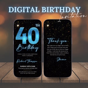 Digital 40th Birthday Party Video Invitation, 40th Glam Invite Ecard, Animated Black Gold Silver Diamond Evite, Editable Itinerary eCard