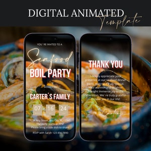 Könnte beinhalten: Digitale Einladung zu einer Seafood-Boil-Party, die von der Familie Carter ausgerichtet wird. Die Einladung enthält Datum, Uhrzeit, Ort und RSVP-Informationen. Das Hintergrundbild ist eine Nahaufnahme eines Topfes mit Meeresfrüchten.
