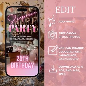 Puede incluir: Una invitaci&oacute;n digital rosa y blanca para una fiesta de pijamas. La invitaci&oacute;n presenta el texto "Sleepover Party" en letras de ne&oacute;n rosa y el texto "25th Birthday" en letras rosas. La invitaci&oacute;n tambi&eacute;n incluye el texto "Kindly join us for a birthday party honoring Tiffany Smith".