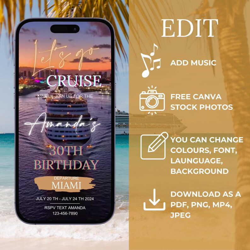 Birthday Cruise Itinerary Template, Digital Cruise Invitation Template, Travel Itinerary, Birthday Invite, Carnival Cruise, Royal Caribbean image 3